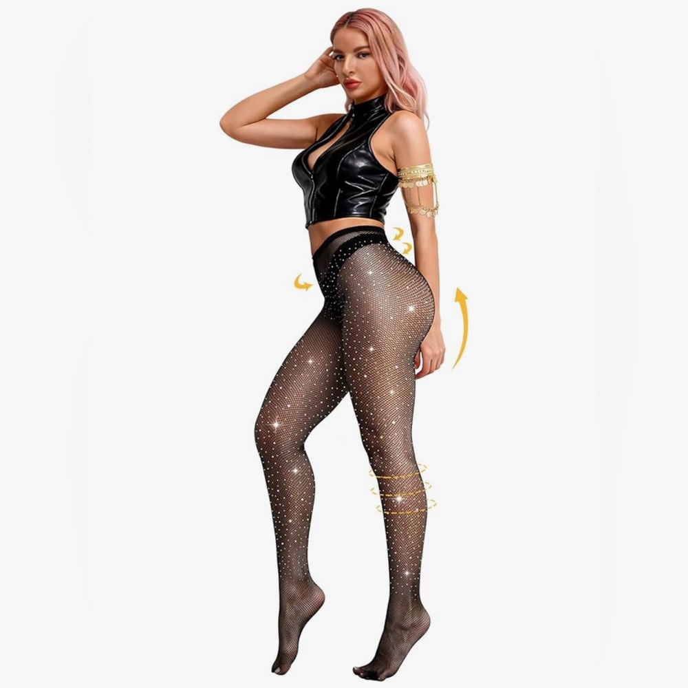 Elegant Black Rhinestone Fishnet Tights